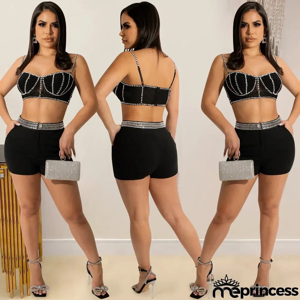 Sexy Hot Drilling Tank Shorts Two Piece Sets