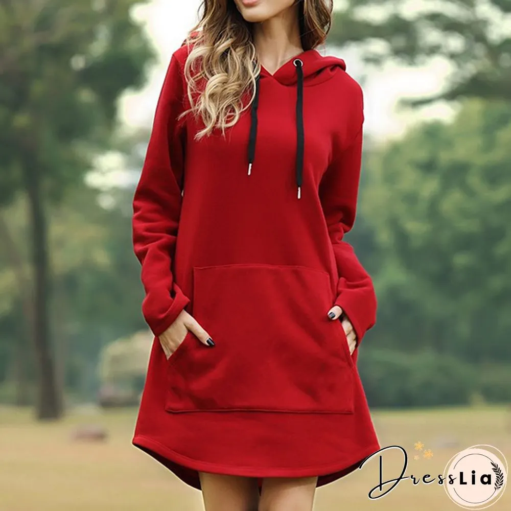 Womens Plus Size Solid Color Long Sleeve Loose Pocket Drawstring Hoodies Dress