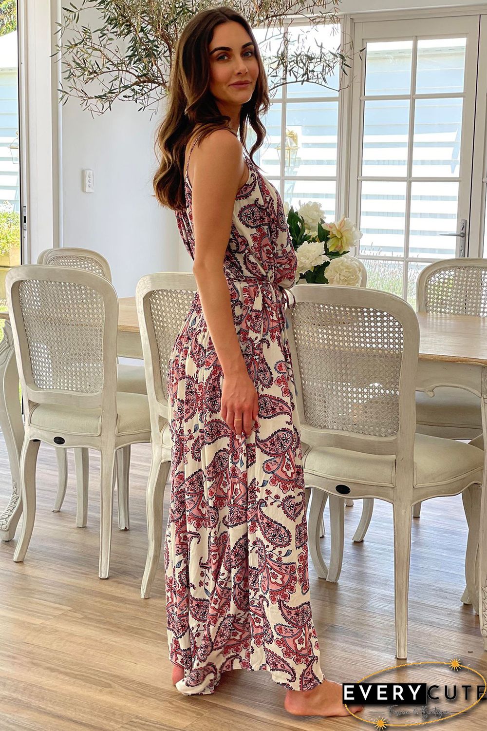 White Boho Paisley Print Spaghetti Straps Maxi Dress