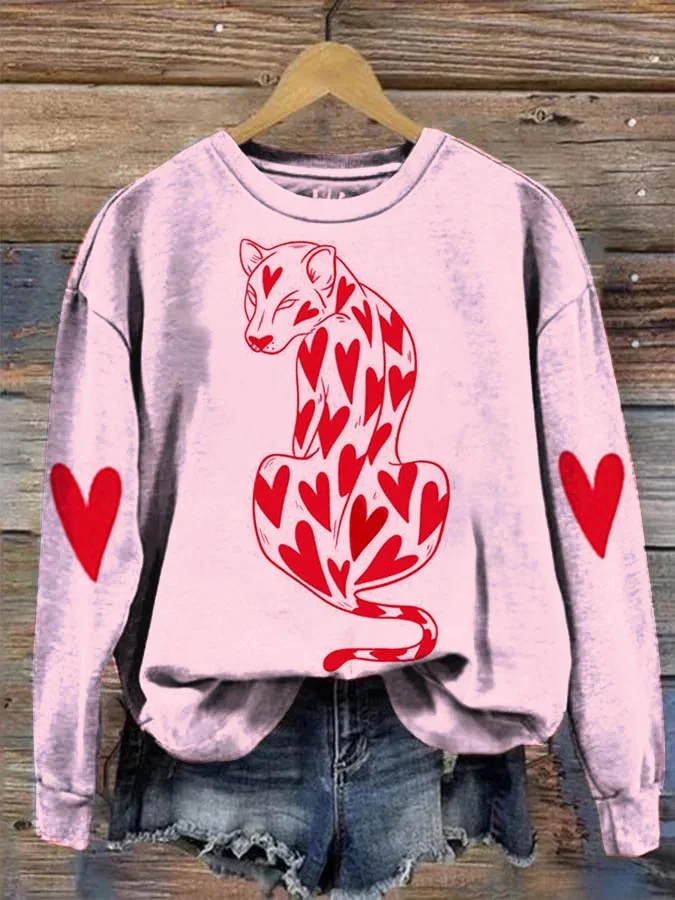 Women's Pink Animal Print Long Sleeve Round Neck Sweatshirt