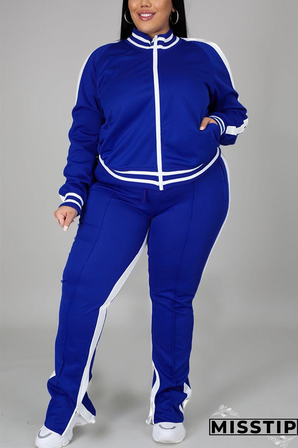 Black Fashion Casual Sportswear Zipper Collar Long Sleeve Regular Sleeve Patchwork Plus Size Set