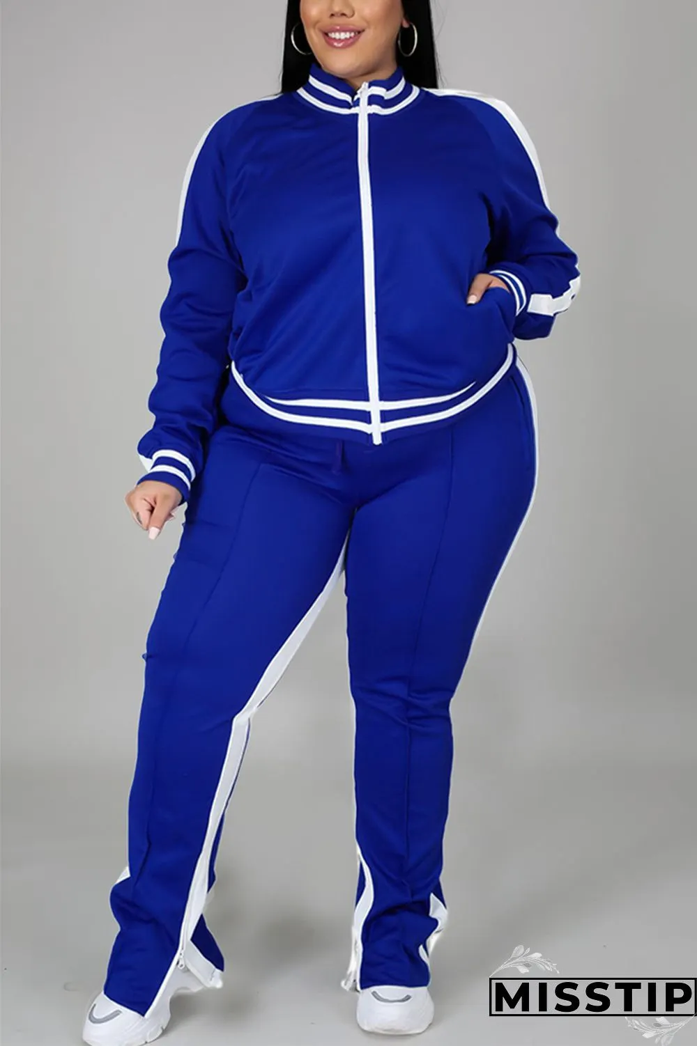 Black Fashion Casual Sportswear Zipper Collar Long Sleeve Regular Sleeve Patchwork Plus Size Set