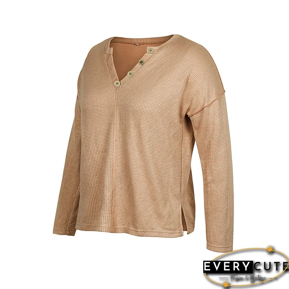 Khaki Button V Neck Drop Shoulder Sweater