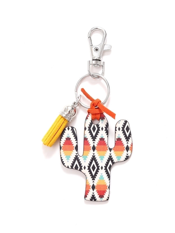 Classic Style Commute Cactus Printing Wood Bag Pendant Keychain