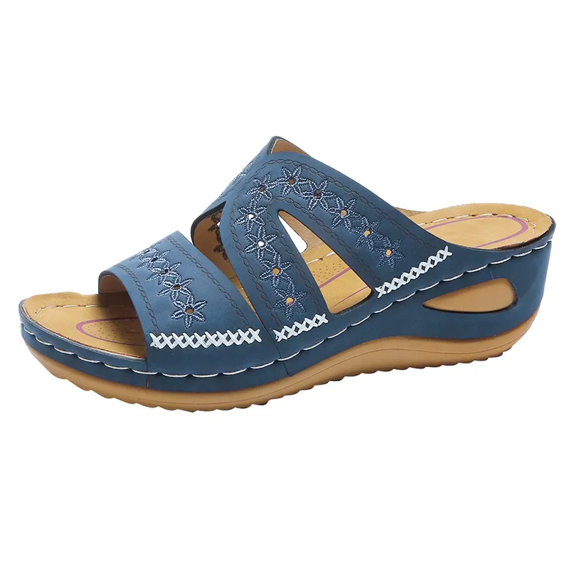 Breakj Breakj Women's Slope And Sewing Sandals Fish Mouth Thick Soles Hollow Large Size Shoes Embroidered Cool Slippers