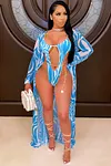 2 Pcs Printed Cardigan Cutout One Piece Bikini Swimsuit Set