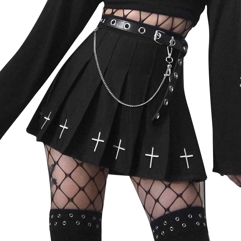 InsGoth High Waist Mini Black Skirts Gothic Streetwear Cross Print Pleated Women Skirts Casual College Lolita Harajuku Skirt