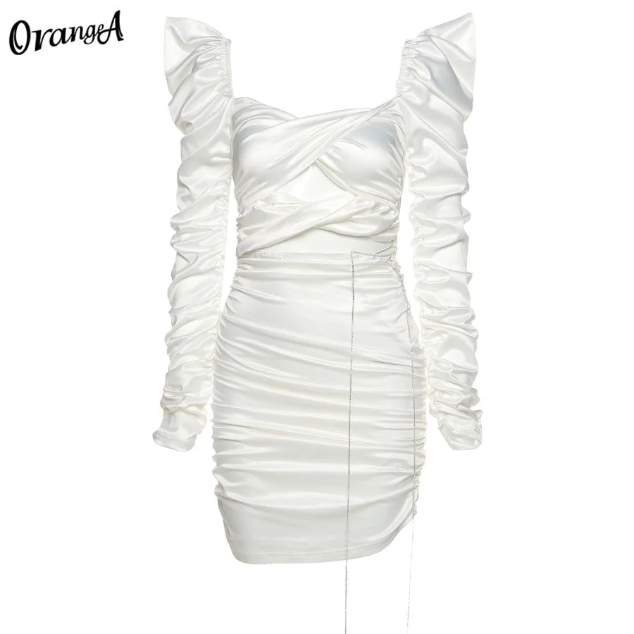 OrangeA Women Elegant Sexy Bodycon Dress Long Sleeve Hollow Out Cross Ruched Fashion Mini Dress Skinny Hight Street Clubwear