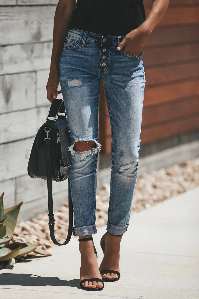 Hole Distressed Button Up Jeans