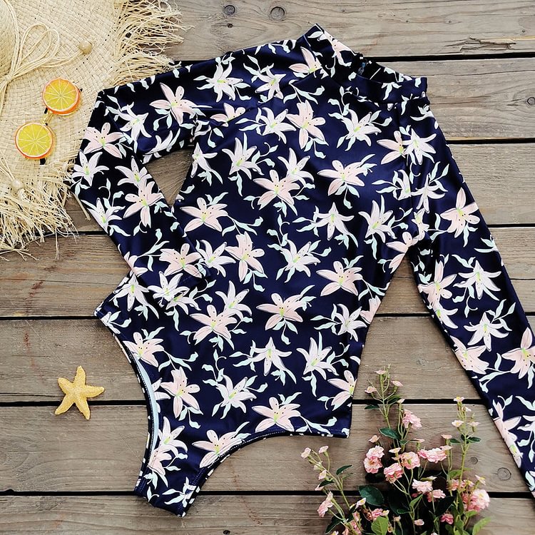 Flaxmaker Long Sleeve Floral Zipper Surf One Piece Swimsuit