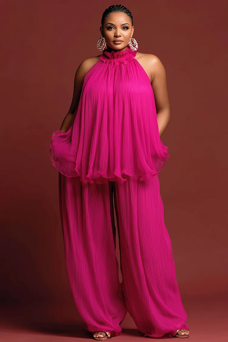 Xpluswear Design Plus Size Party Sundress Hot Pink Mock Neck Pocket Wide Leg Chiffon Two Piece Pant Sets [Pre-Order] 2024 - Xpluswear