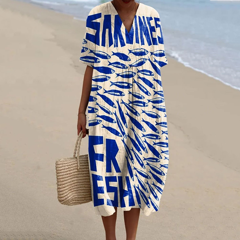 Vintage Fish Sardines Art Pattern Printed Women's Flowy Dress wearshes