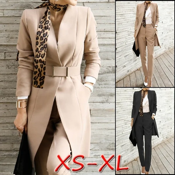 New Women 2 Piece Sets Coat+Pant+Sash Office Pant Outfit Suit Long Blazer Coat With Sashes Lady Straight Pant Female Workwear Suits