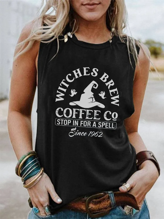 Women's Halloween Witches Brew Coffee Co Stop In For A Spell Since 1962 Print Sleeveless T-Shirt