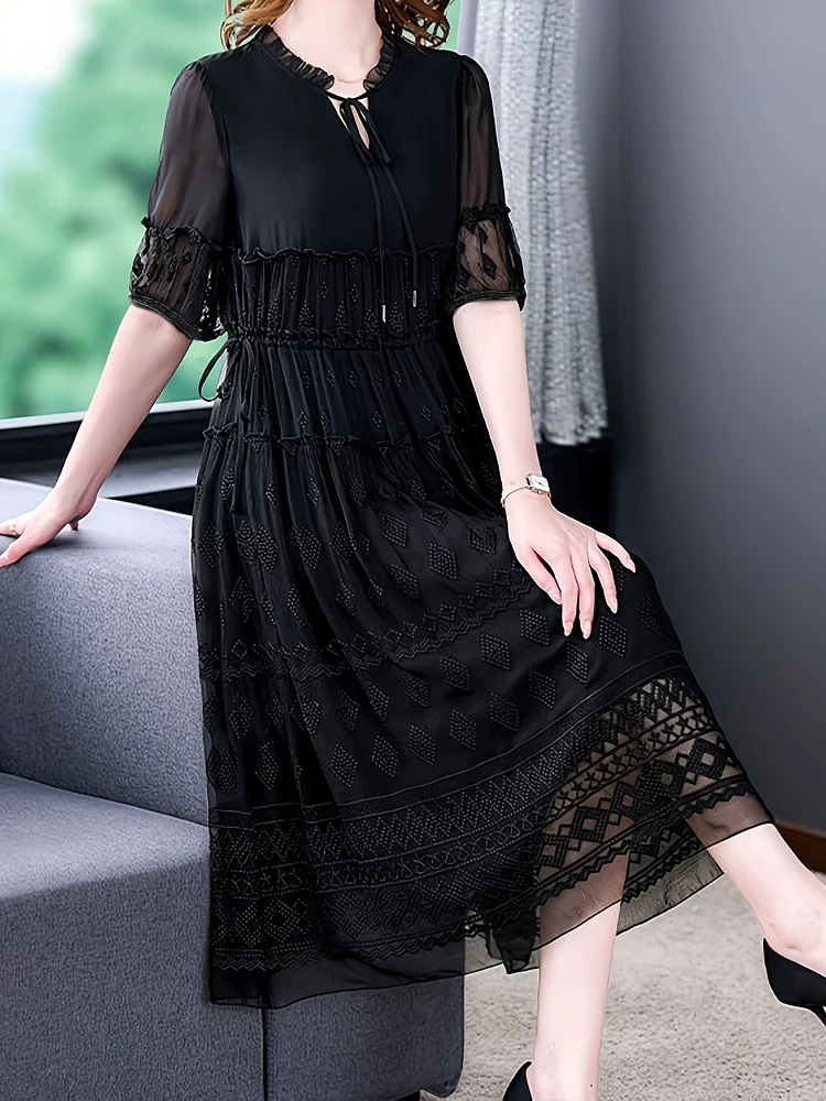 Elegant Black Embroidered Midi Dress | Loose Fit, Short Sleeves, Layered Hem, Keyhole Neckline, Drawstring Waist - Mature Women, Spring/Summer/Fall Fashion