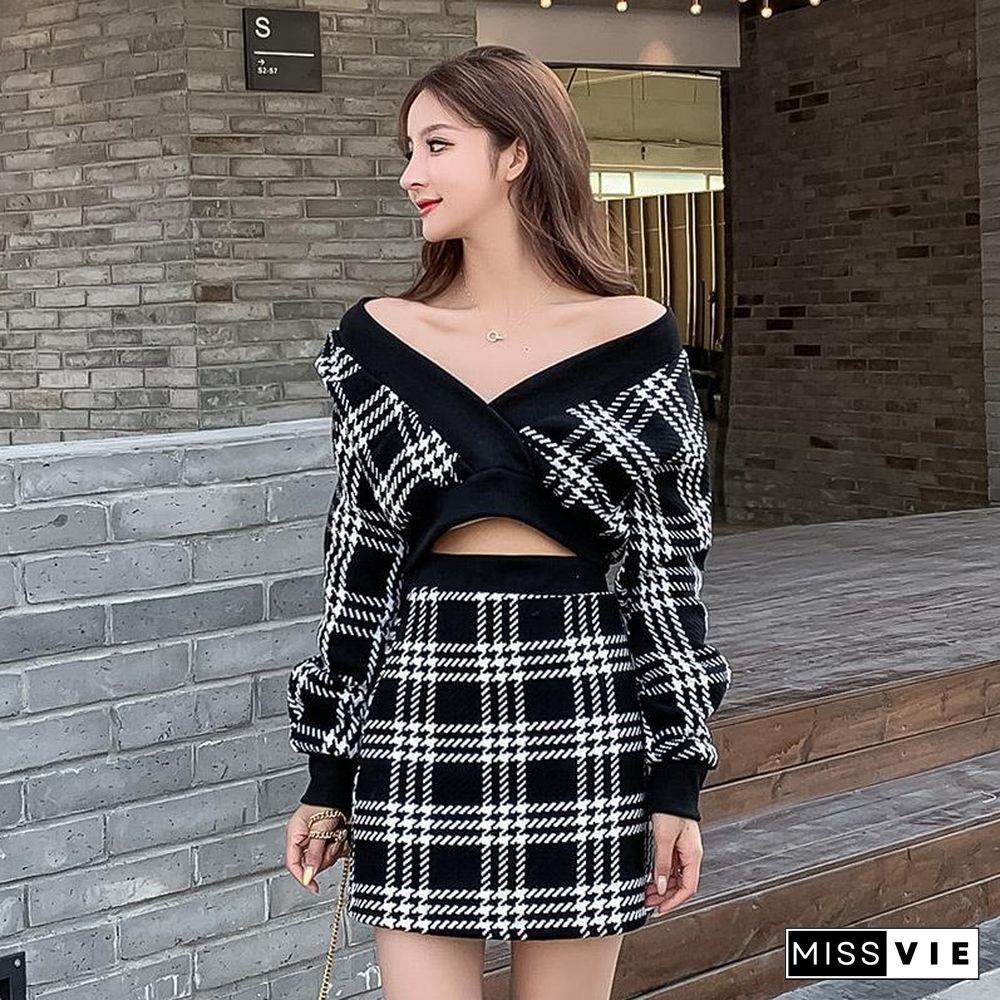 Fashion V-neck Plaid Two-Piece Set P11755