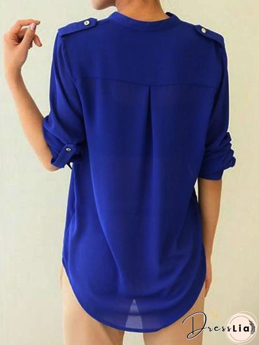 Plain Pockets V Neck Long Sleeve Plus Size Casual Shirts Tops