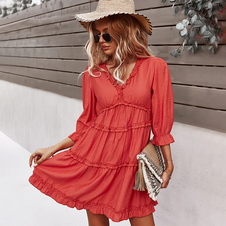 Women Long Sleeve Ruffle Layer Backless Swing Mini Dress