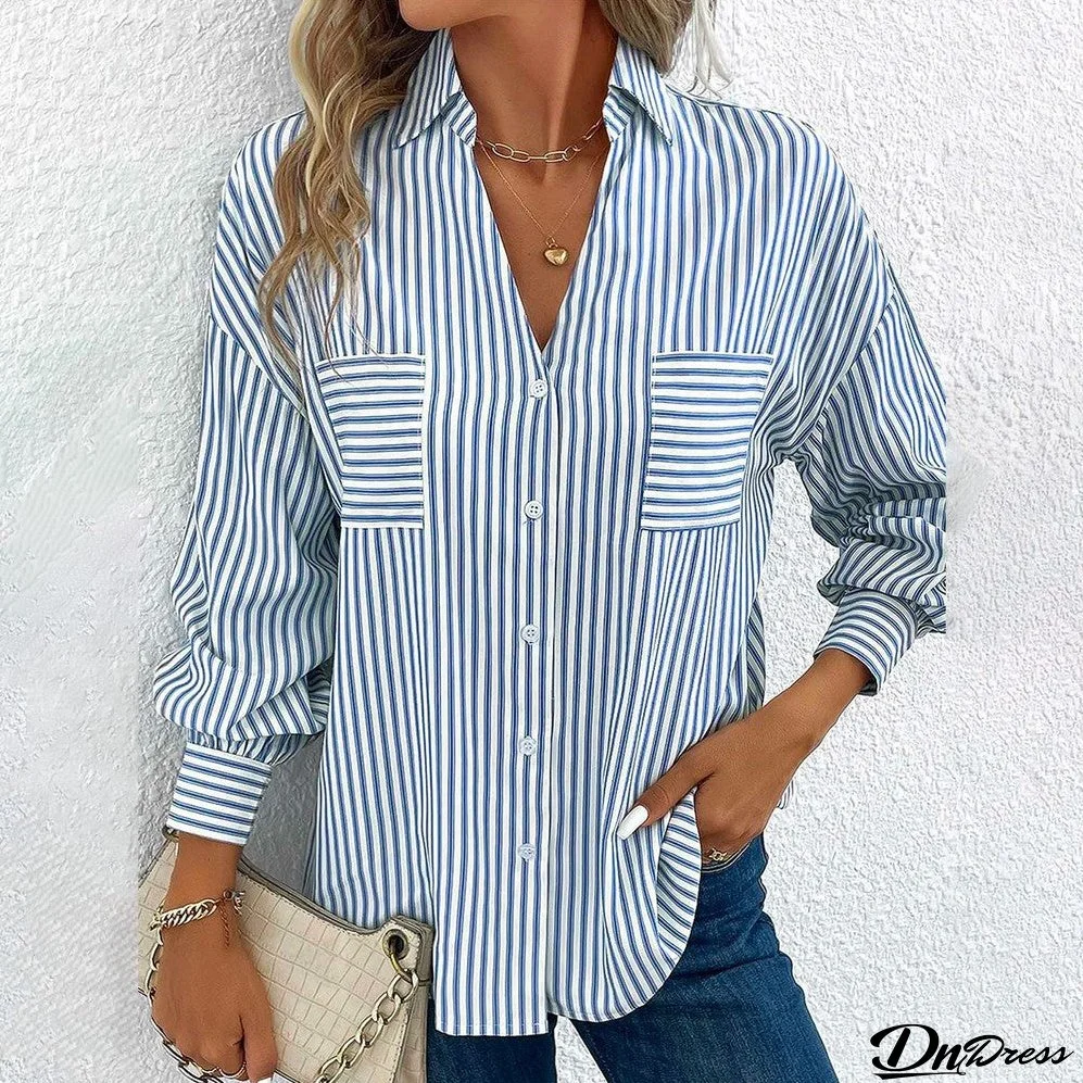 Modern Blue Striped V-Neck Top