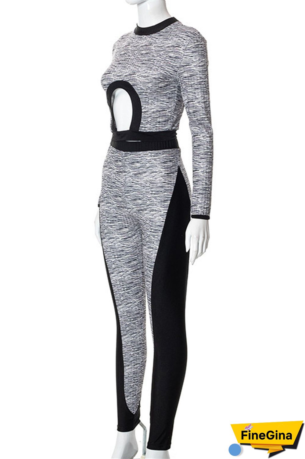 Grey Sexy Casual Patchwork Hollowed Out O Neck Long Sleeve Two Pieces