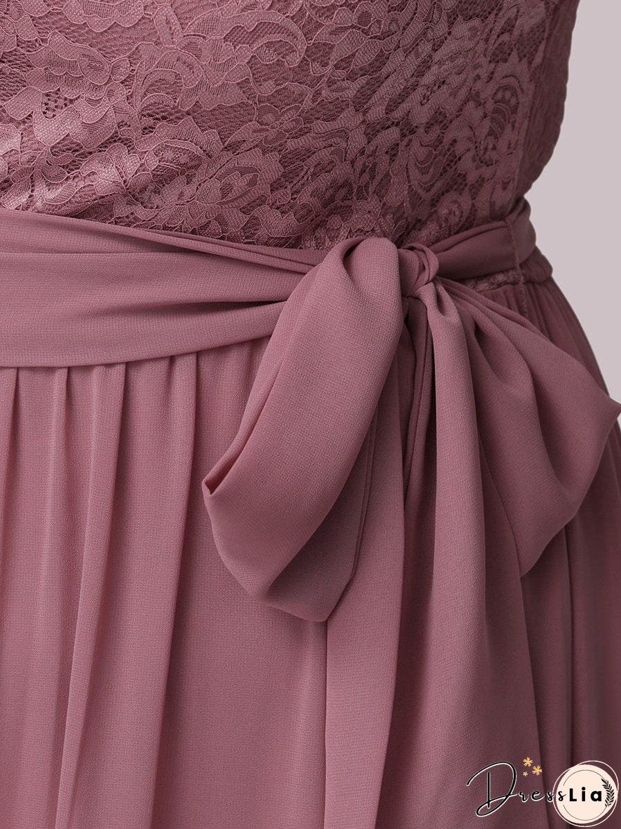 Sophisticated Lace Bodice Chiffon Maxi Evening Gown with Belt for Elegant Occasions