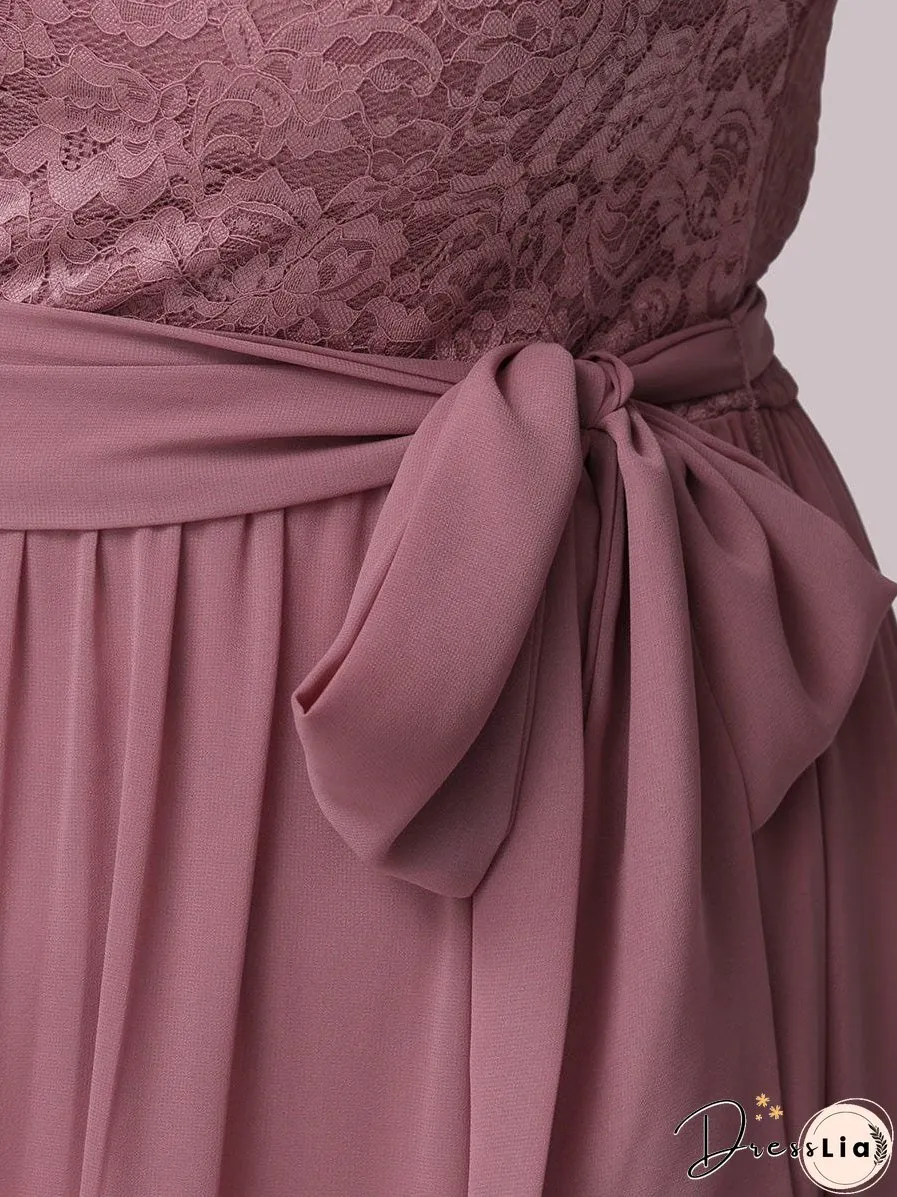 Sophisticated Lace Bodice Chiffon Maxi Evening Gown with Belt for Elegant Occasions