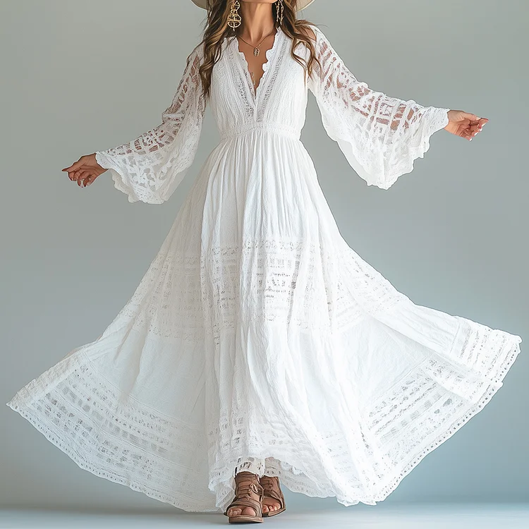 Ursime Lace Patchwork See-Through Flare Sleeve Maxi Dress