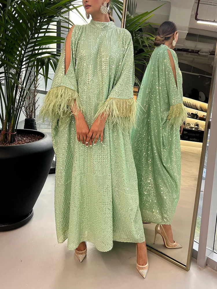 Feather patchwork strapless long-sleeved dress فساتين