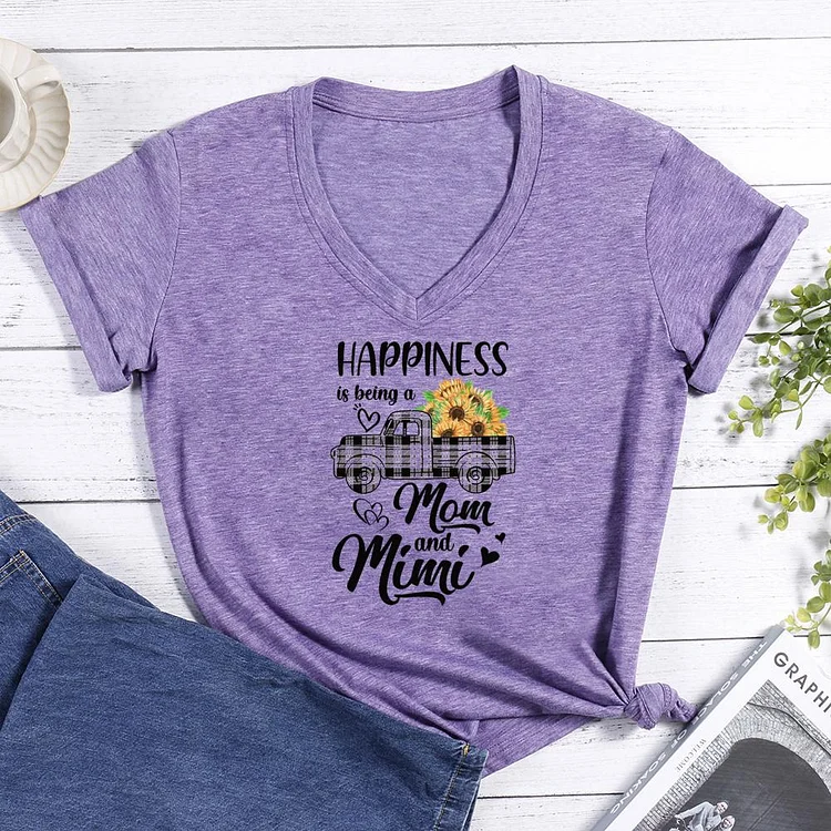 Happiness Is Being A Mom And Mimi Sunflower V-neck T Shirt-Annaletters