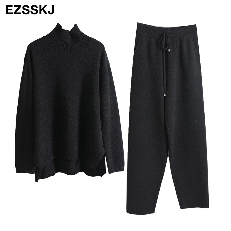 2 Pieces Set Women Knitted Tracksuit Turtleneck Sweater + Carrot Jogging Pants Pullover 2021  Sweater Set CHIC Knitted Outwear