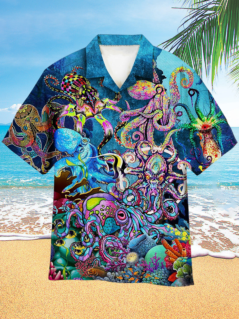 Neon Color Octopus Deep Sea Hawaii Men's Short Sleeve Cuban Collar Shirt PLUSCLOTHESMAN