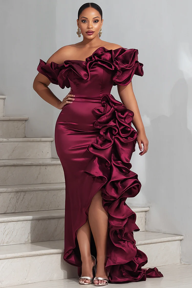 Xpluswear Design Plus Size Formal Burgundy Asymmetrical Collar Short Sleeve Ruffle Asymmetric Hem Irregular Hem Satin Maxi Dresses [Pre-Order] 2024 - Xpluswear