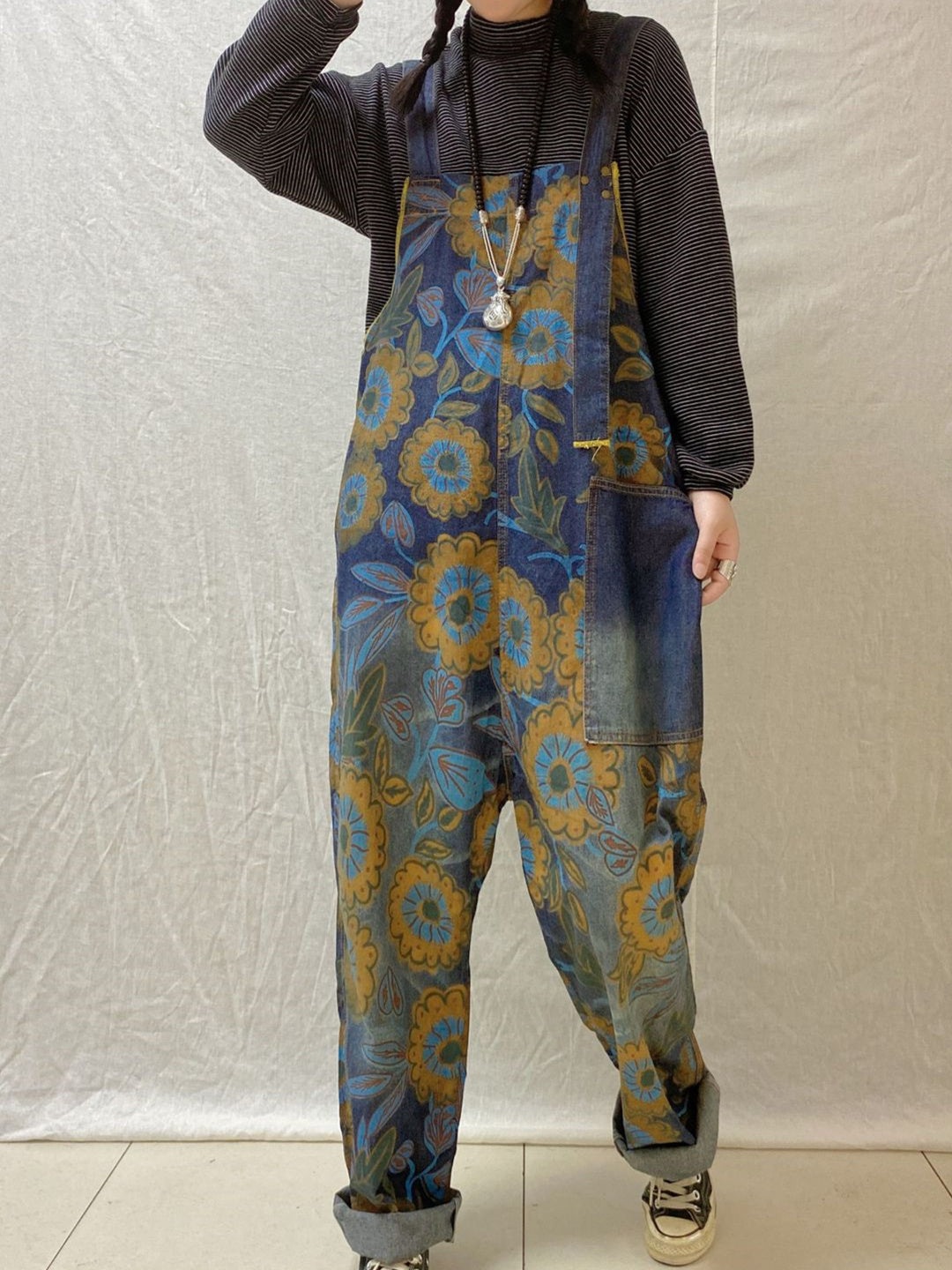 Women's Hole Floral Printed Casual Retro Cropped Workwear Denim Overalls Jumpsuit