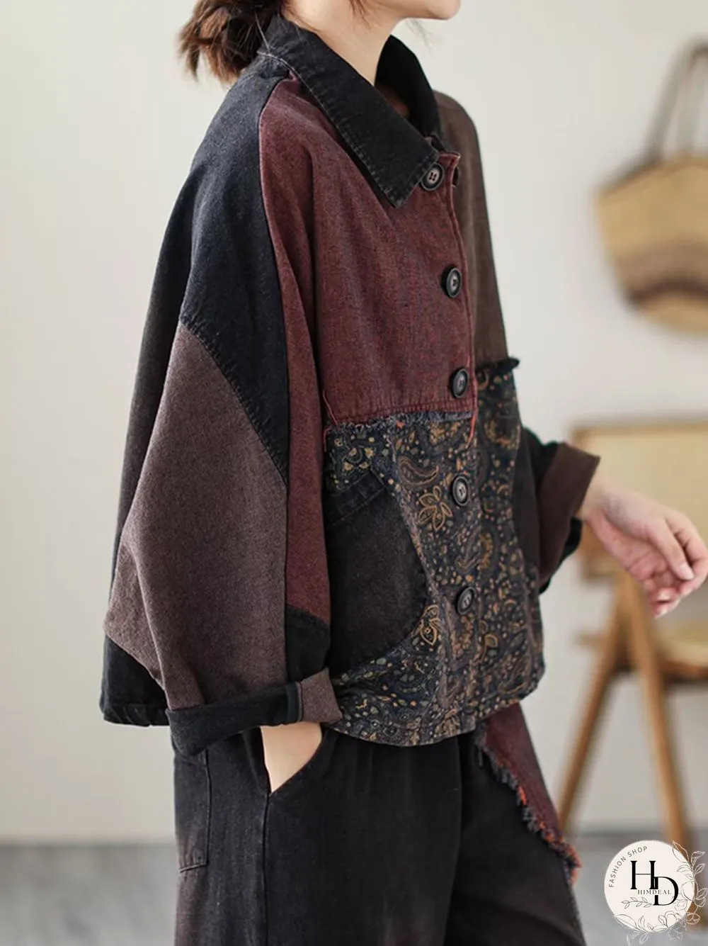 Contrast Color Fringed Split-Joint Long Sleeves Printed Outwear Harem Pants Two Pieces Set
