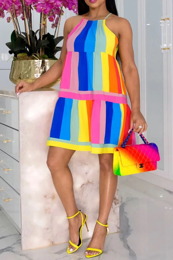 Rainbow Urban Tie Back Tiered Ruffle Mini Dress