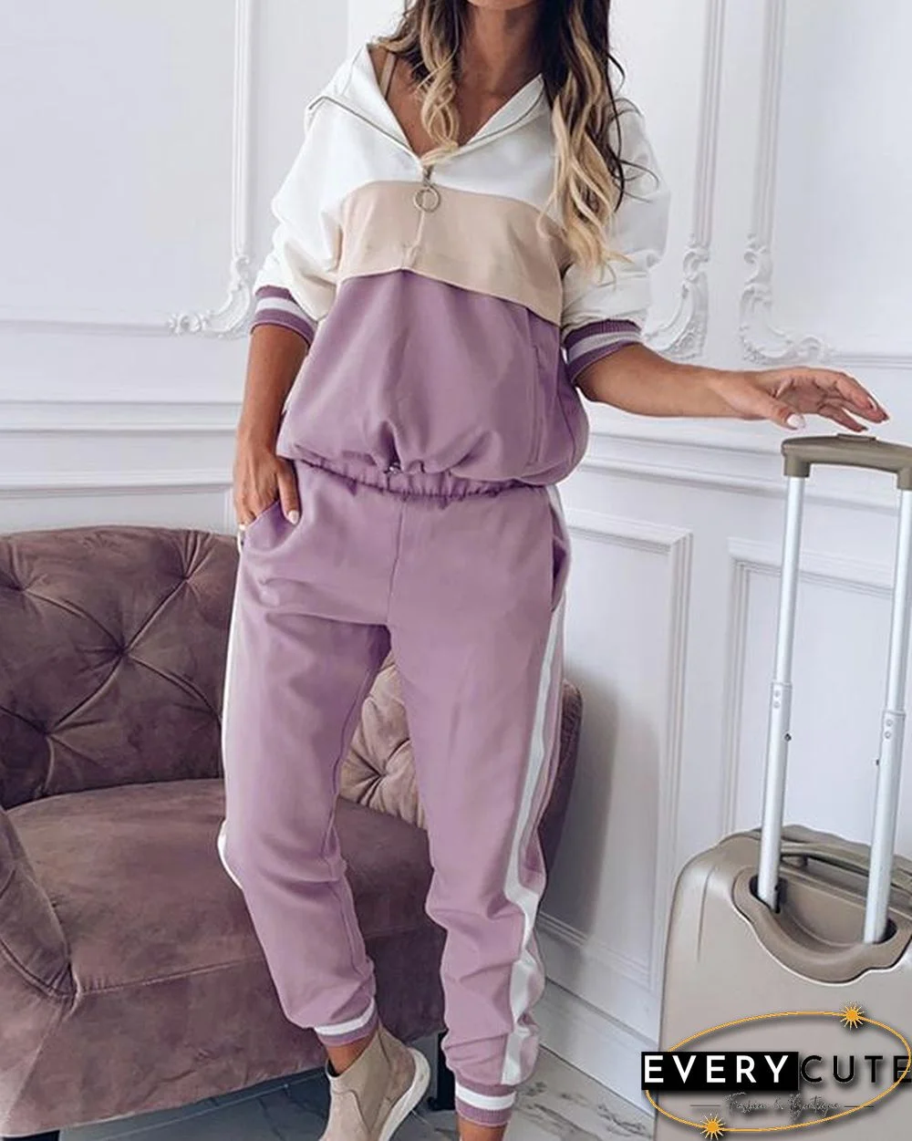 Casual Color Block Zipper Hoodie Sweatshirt&Pants Set