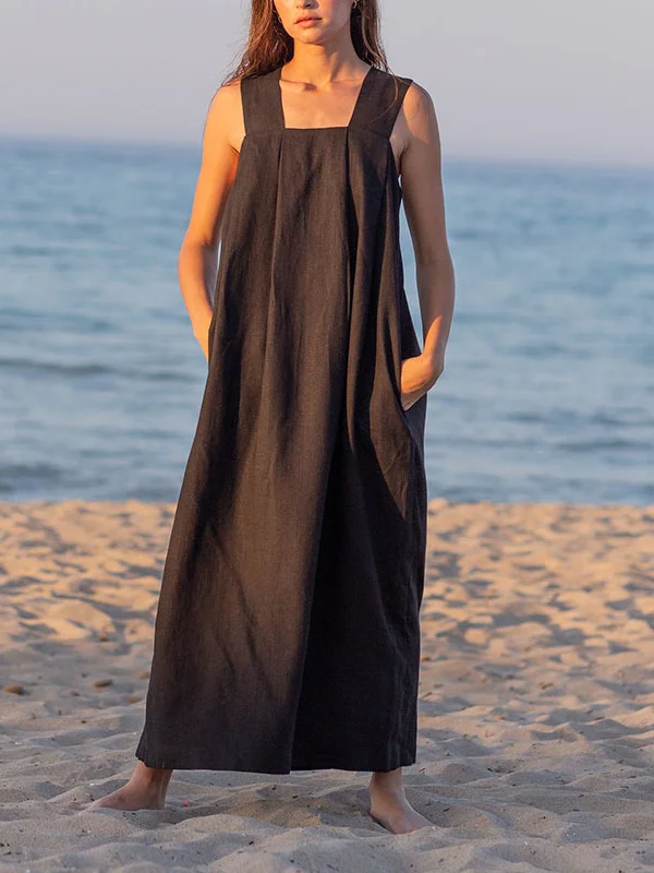 Ramie Sleeveless Baggy Collar Strap Maxi Dress