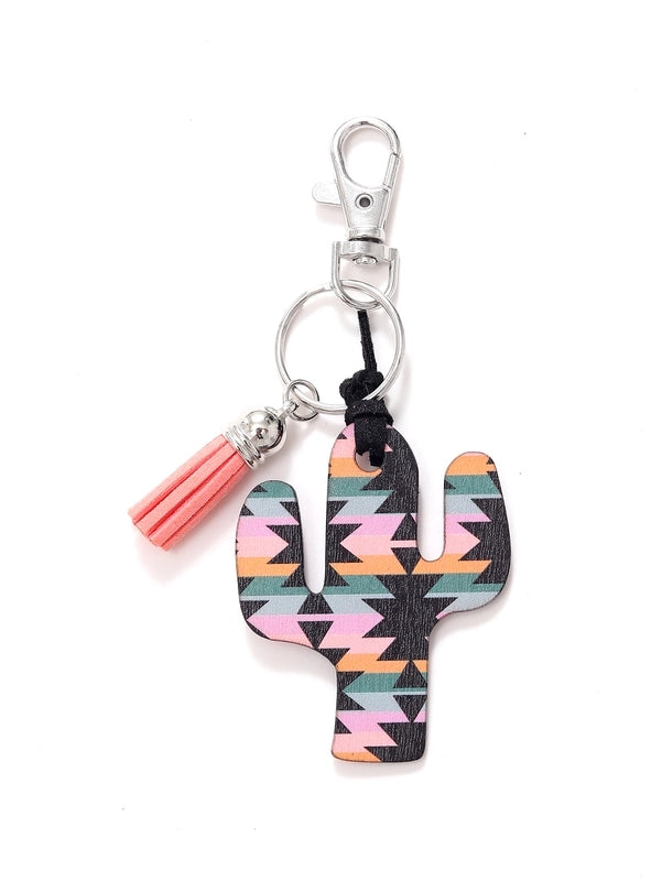 Classic Style Commute Cactus Printing Wood Bag Pendant Keychain