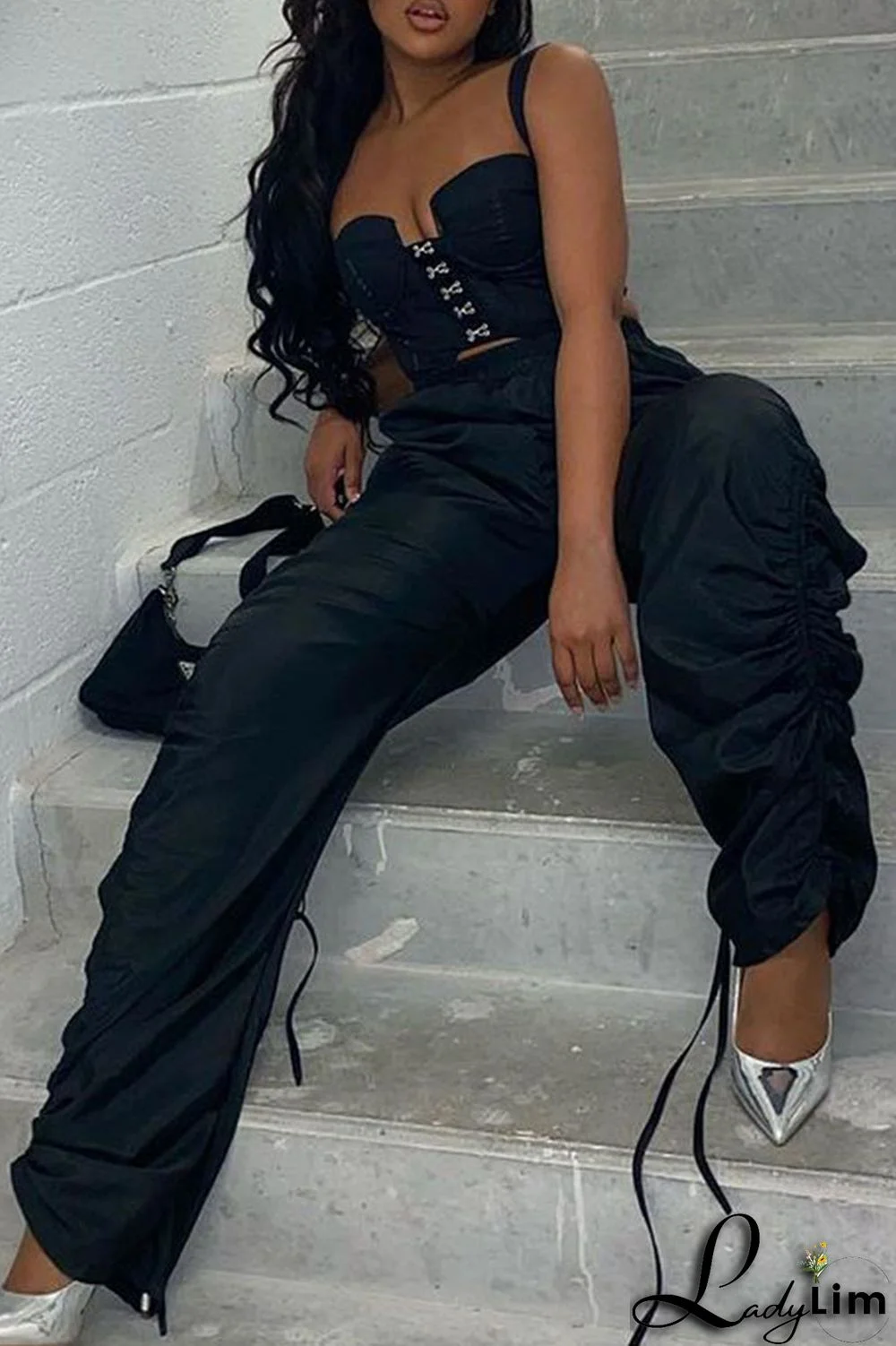 Green Casual Solid Patchwork Draw String Fold High Waist Pencil Solid Color Bottoms