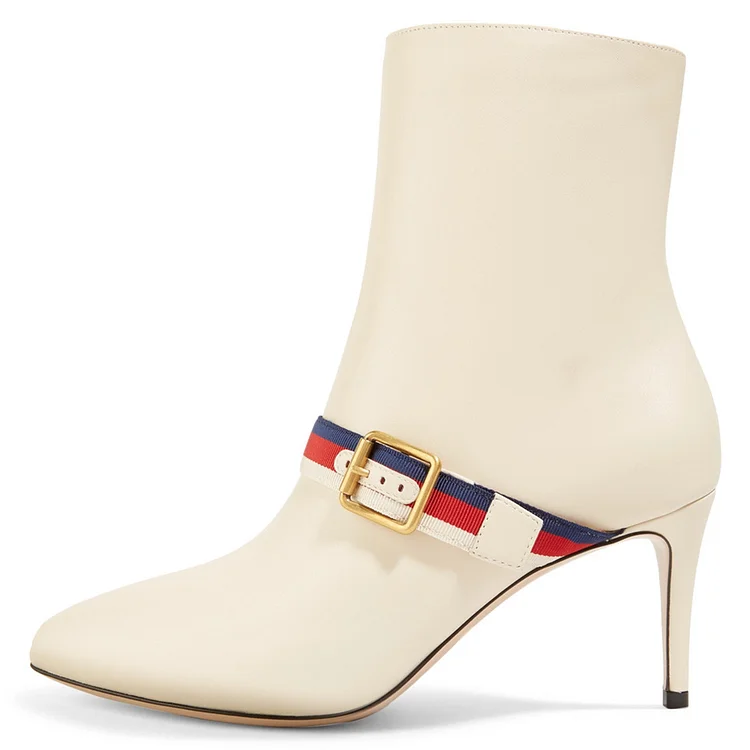 Ivory Buckle Strap Fashion Almond Toe Ankle Booties |FSJ Shoes