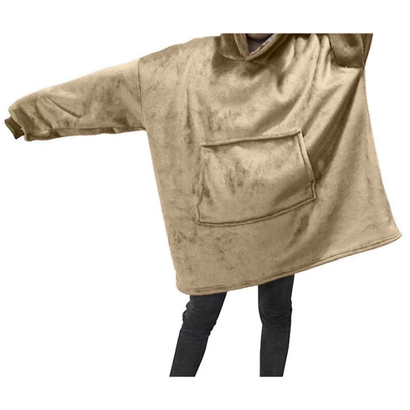 Winter Women Blanket Hooded Sweatshirt Solid Fleece Warm Long Sleeve Oversize Long Hoodies TV Pocket Blanket Female Robe Coat