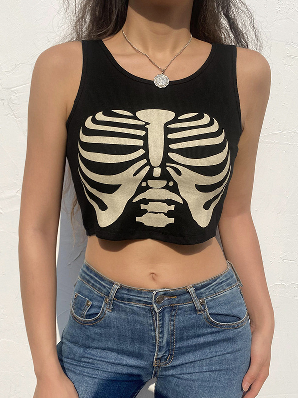 Gothic Dark Punk Street Skull Print Spaghetti Crew Neck Sleeveless Top