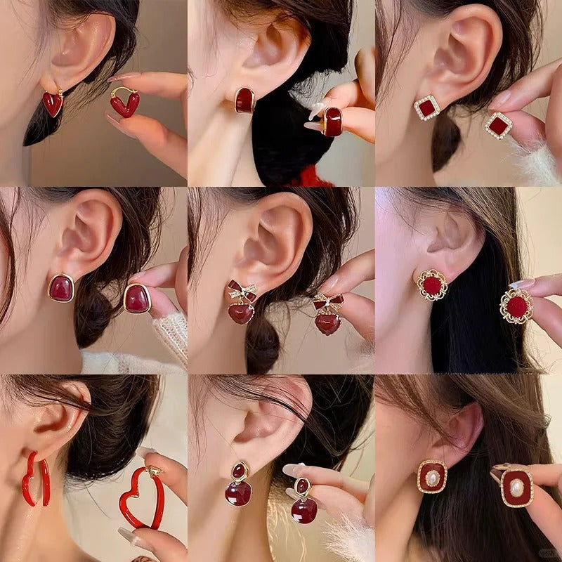 Luxurious Stripe Quadrilateral Round Leaf Bowknot Geometric Heart Droplet Copper Oil Dripping Earrings