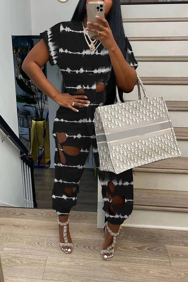 Print Flower Shape Cutouts Pants Set