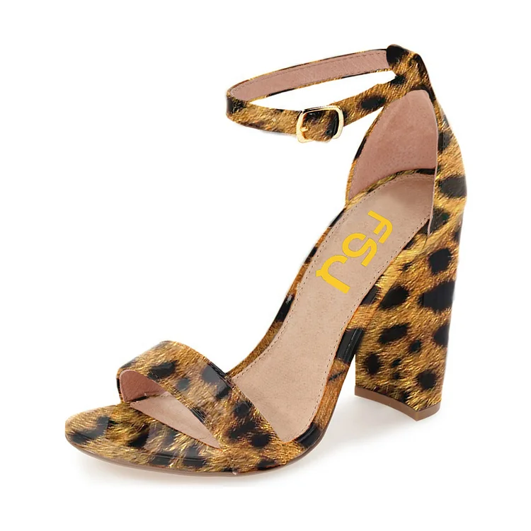 Women's Leopard Print Heels Ankle Strap Chunky Heel Sandals |FSJ Shoes