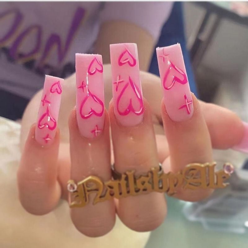 24pcs Press on Nails with Glue Long Rose Red Heart Bride Ballerina Nail Art Tips Removable Manicure Full Cover Coffin Fake Nails
