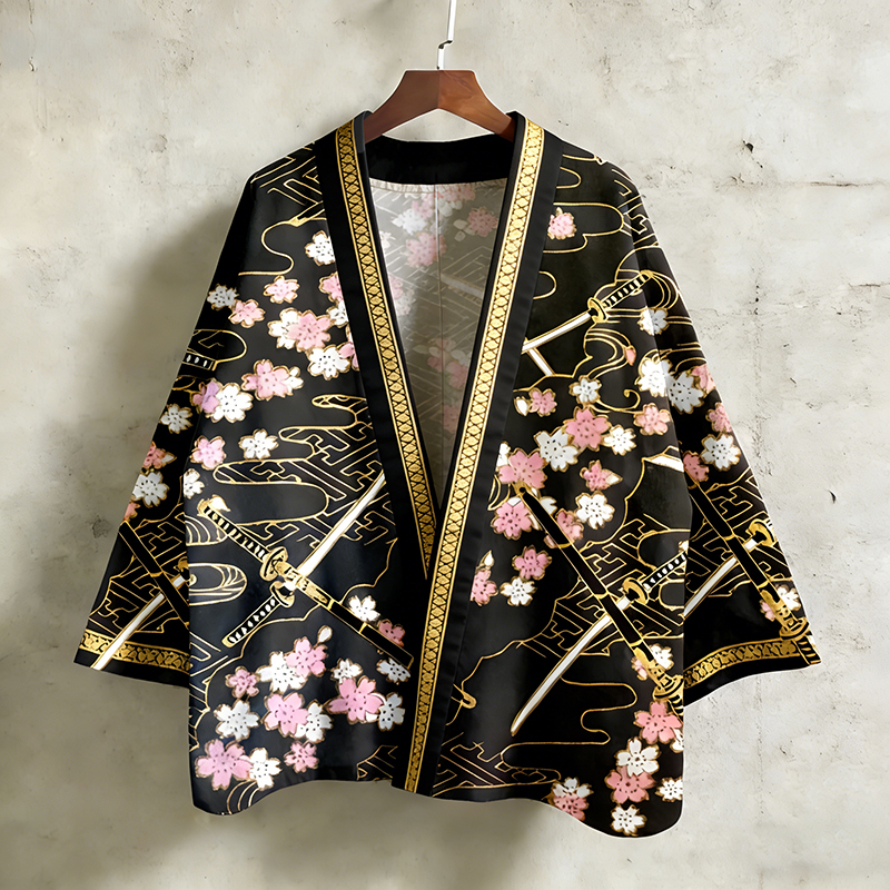 Japanese Katana & Cherry Blossom Linen Kimono  artssus