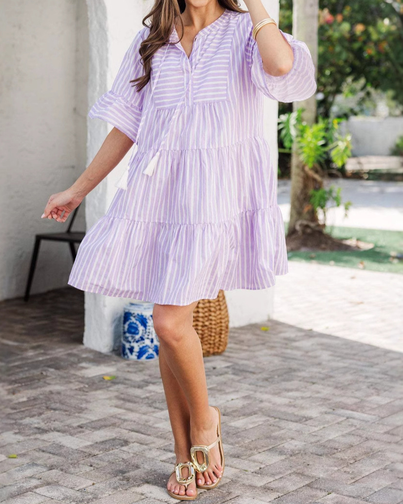 Striped Shirt Collar Three Quarter Flared Sleeve Tiered Mini Dress