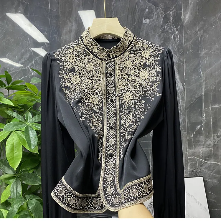 2024 New Court Style Stand Collar Hollow-Out Women's Imitation Silk Embroidered Shirt