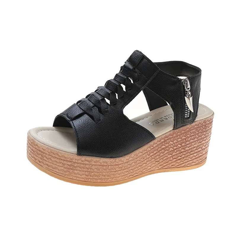 Breakj Breakj With Loose Cakes And Women's Sandals New Fish Mouth Slope Heels High-Heeled Sandals Hollow Zipper Women's Shoes 35-43 7CM